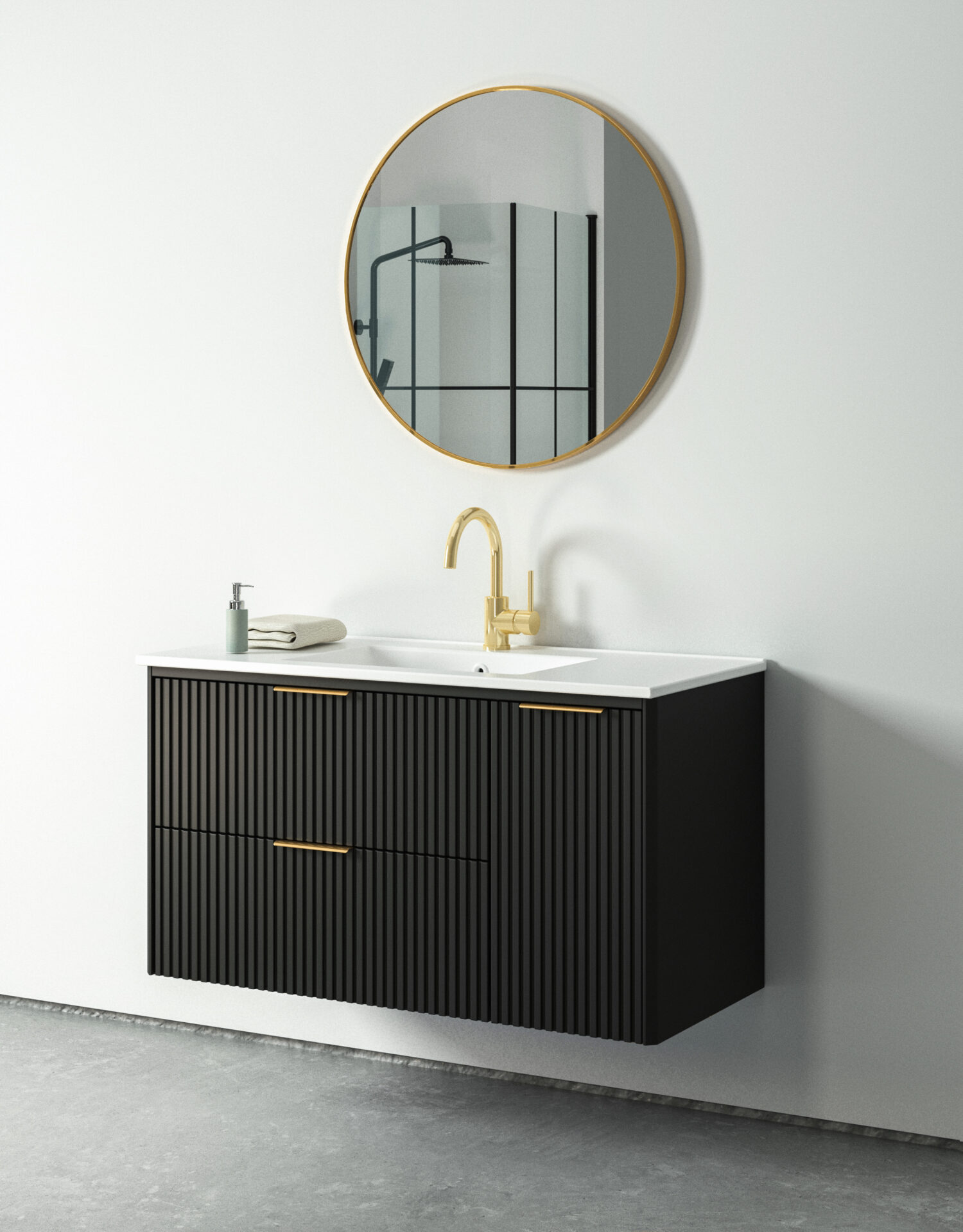 ארון אמבטיה דגם וינה שחור משטח אינטגרלי 100 ס"מ עומק 47 ס"מ תלוי